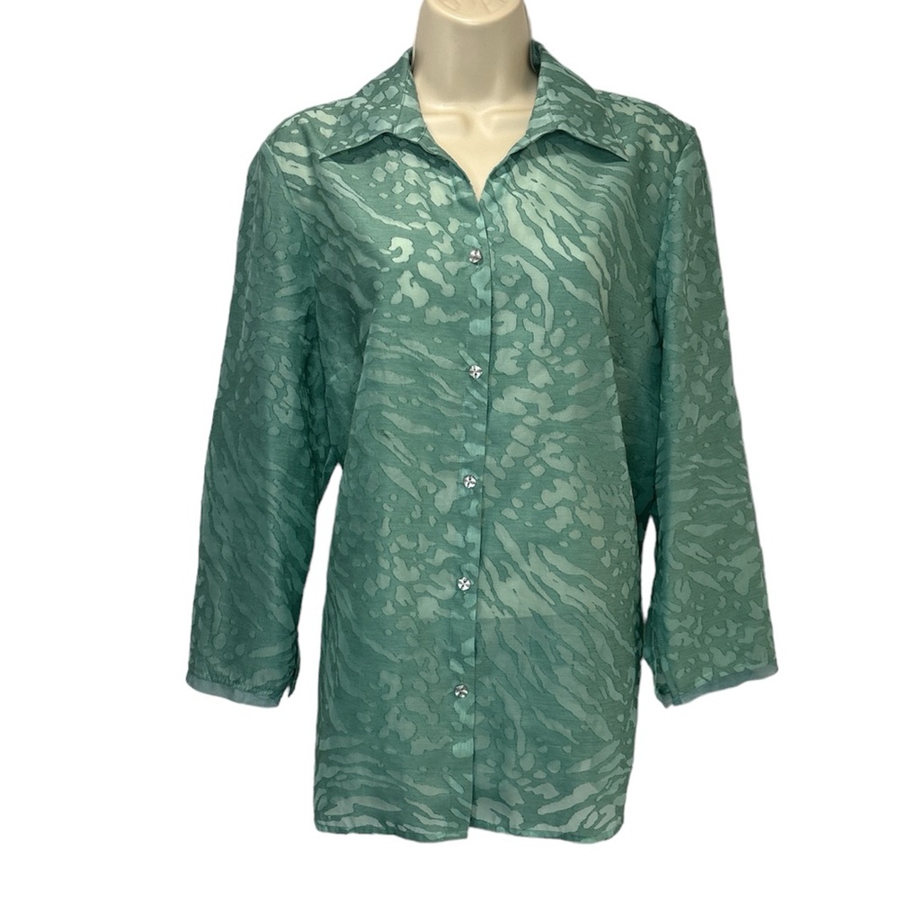 JH Collectibles Women Burnout Button Up Shirt Blouse Top 3/4 Sleeve Green Size L